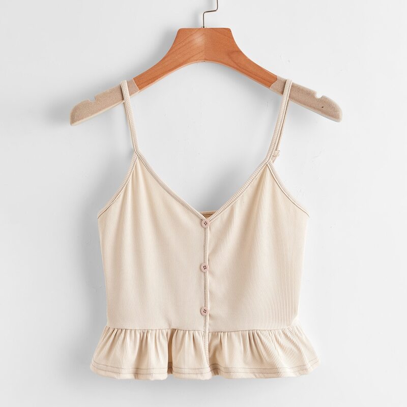 

Solid Button Front Ruffle Hem Cami, Apricot