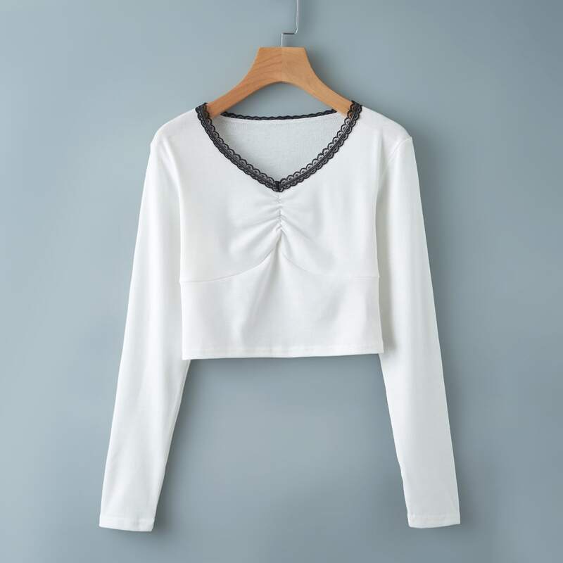 

Contrast Lace Ruched Crop Tee, White