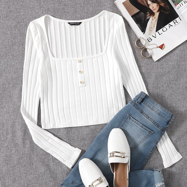 

Square Neck Button Front Tee, White