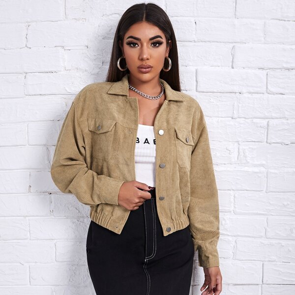 

Drop Shoulder Flap Pocket Cord Jacket, Khaki