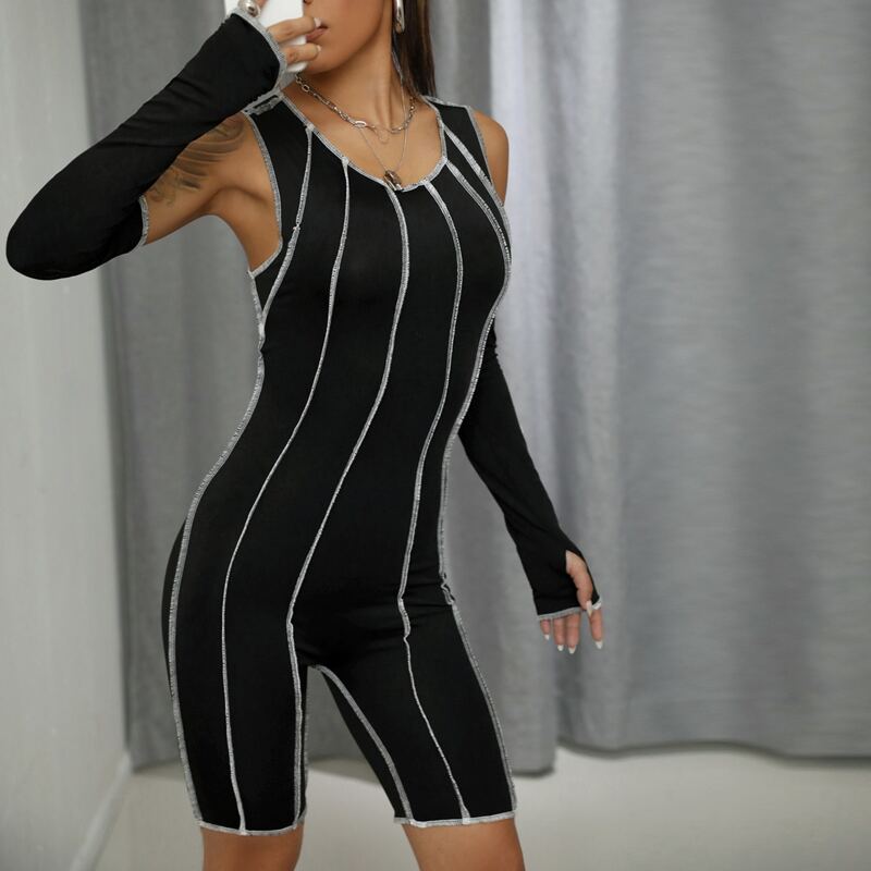 

Contrast Top-stitching Unitard Romper With Thumb Hole Oversleeve, Black