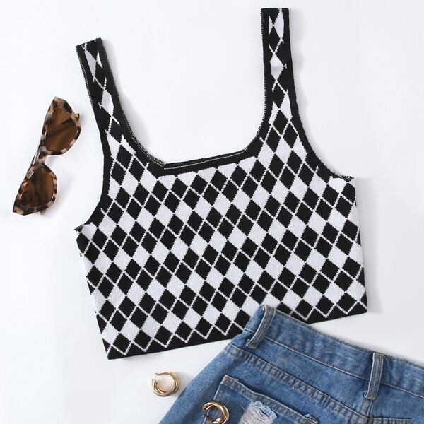 

Argyle Pattern Crop Knit Top, Black and white