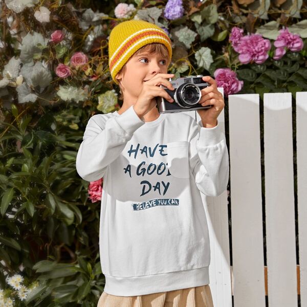

Boys Pocket Front Slogan Graphic Pullover, White