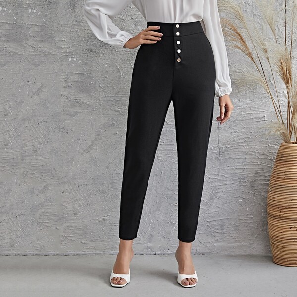 

Button Front Solid Pants, Black