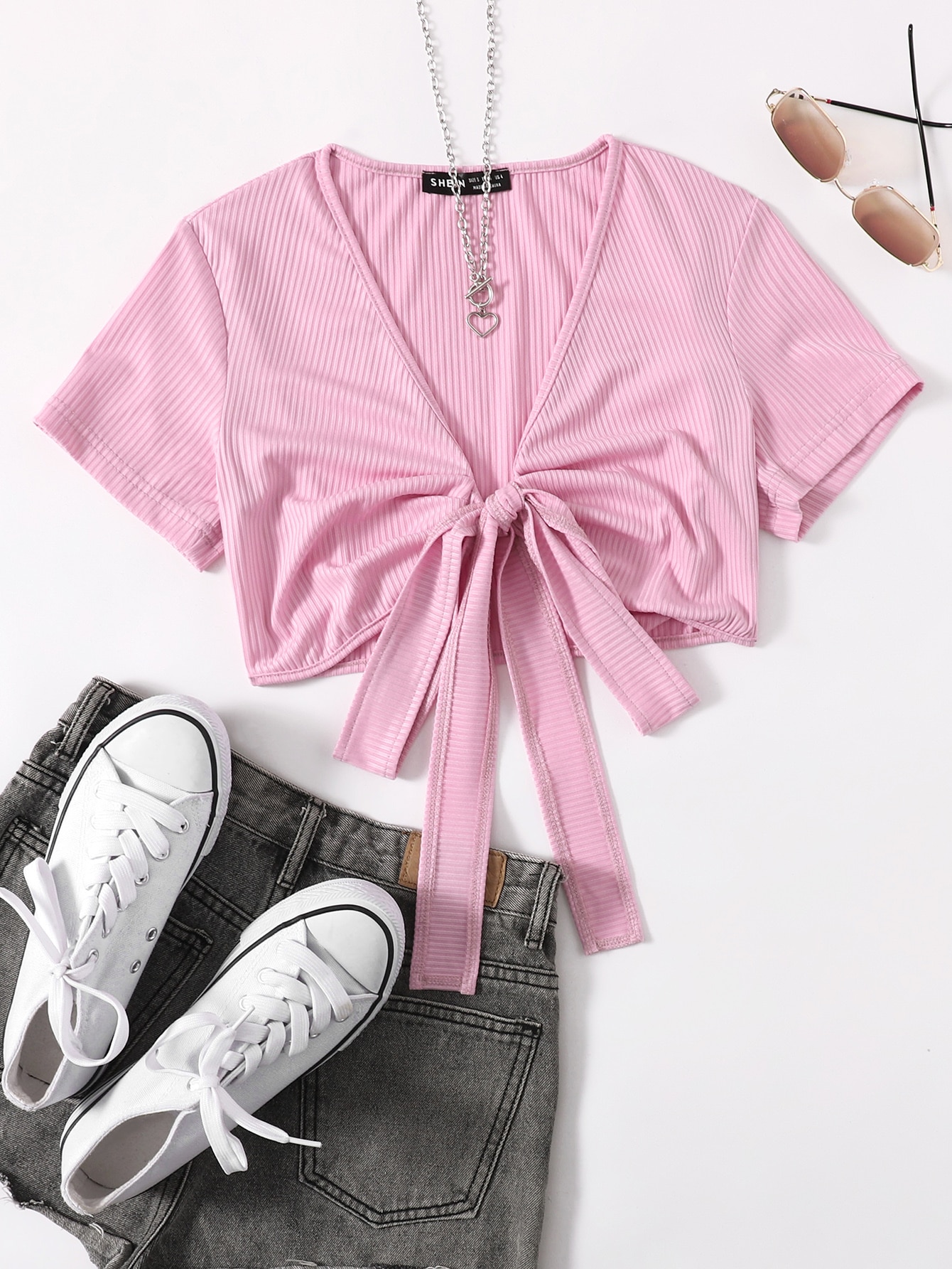 Tie Front Solid Rib-knit Crop Top thumbnail