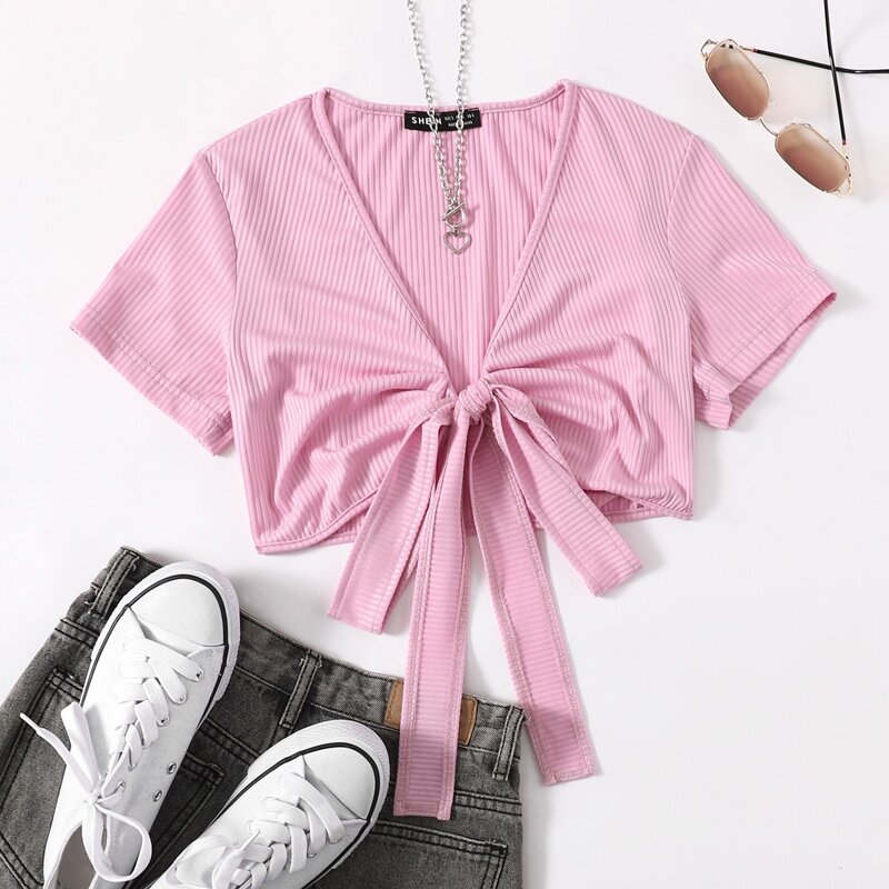 

Tie Front Solid Rib-knit Crop Top, Baby pink