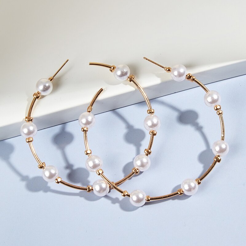 

Faux Pearl Beaded Hoop Earrings, Gold