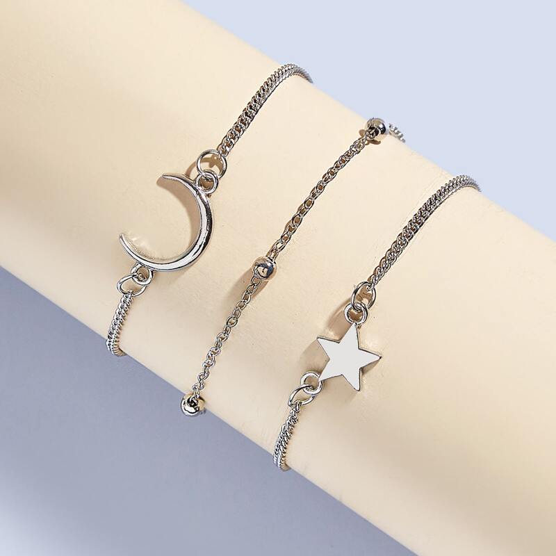 

3pcs Moon & Star Decor Chain Bracelet, Silver
