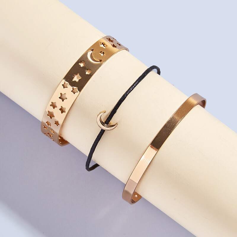 

3pcs Hollow Moon & Star Bracelet Set, Gold