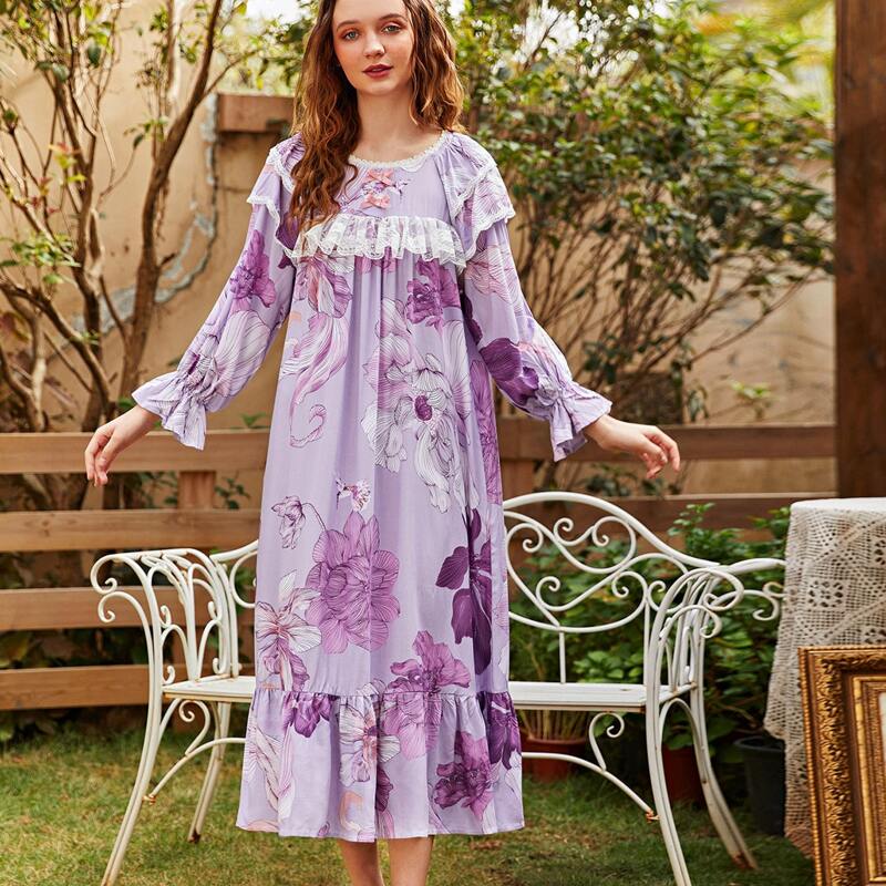 

Contrast Lace Ruffle Trim Floral Print Night Dress, Lilac purple