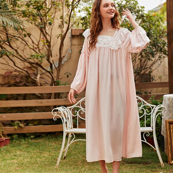 

Contrast Lace Ruffle Trim Night Dress, Baby pink