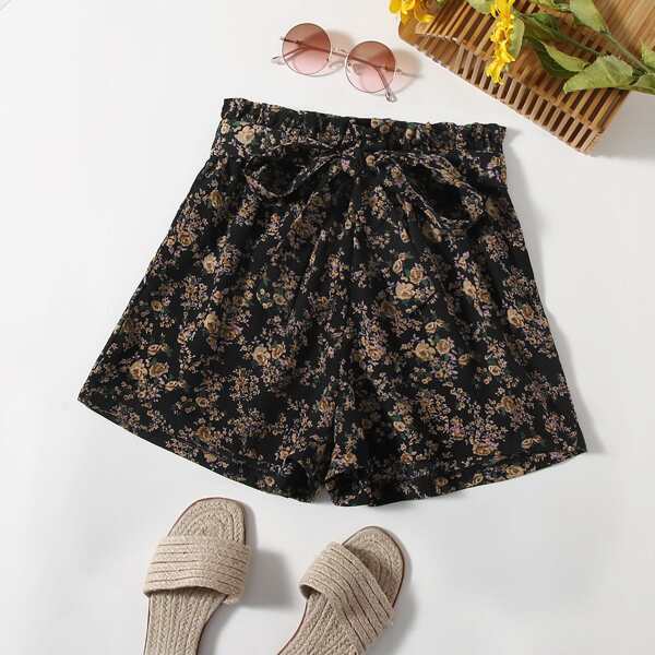 

Allover Floral Print Belted Paperbag Shorts, Multicolor