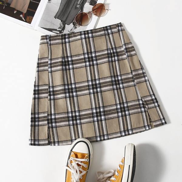 

Plaid Slit Hem Mini Skirt, Multicolor