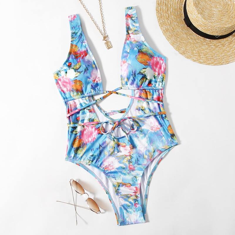 

Floral Crisscross One Piece Swimsuit, Multicolor