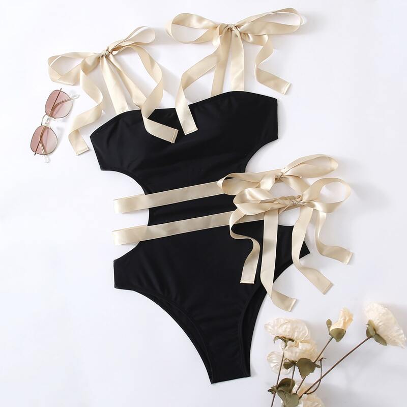 

Cut-out Side Tie Shoulder One Piece Swimsuit, Black
