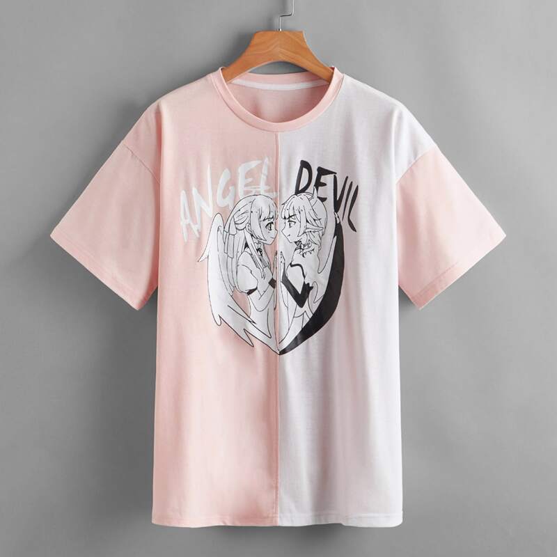 

Two Tone Cartoon Graphic Oversized Tee, Multicolor