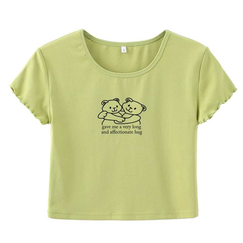 

Cartoon Bear Graphic Crop Tee, Lime green