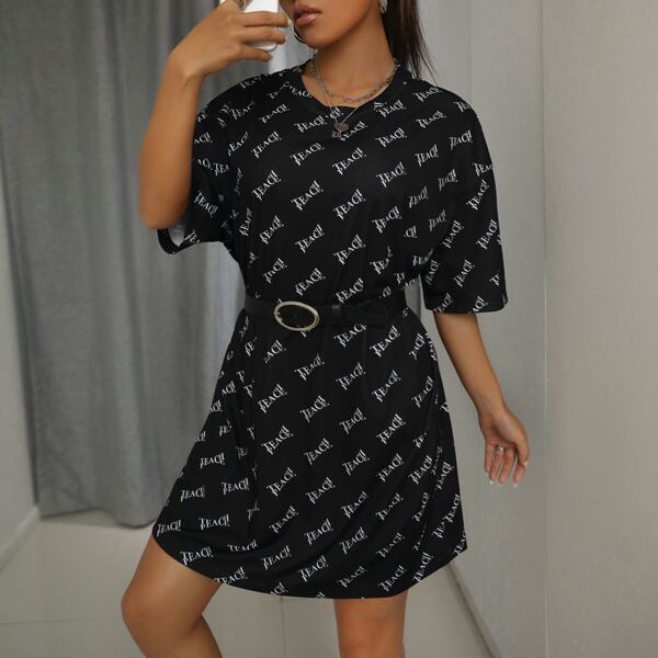 

Letter Graphic Tee Dress Without Belt, Black