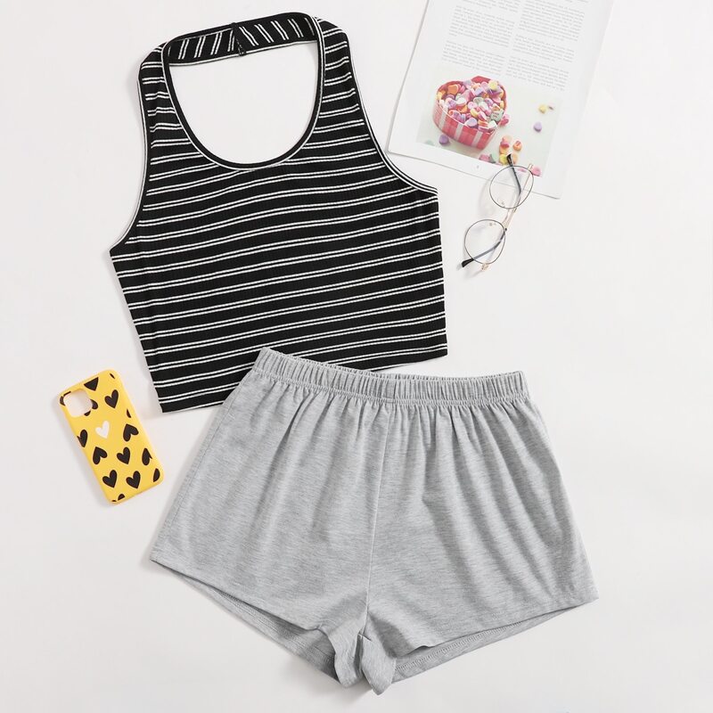 

Stripe Halter Top & Shorts PJ Set, Multicolor