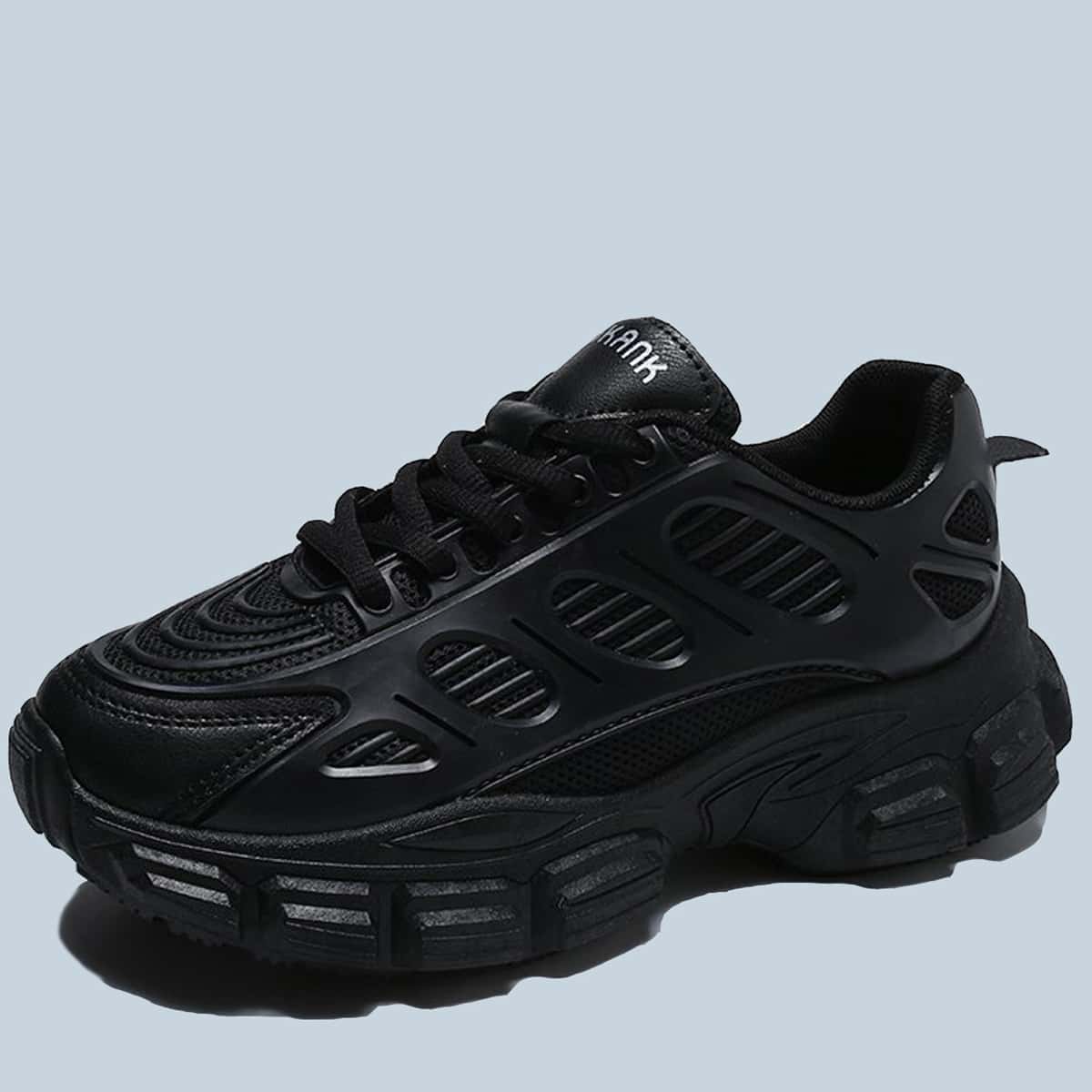 

Solid Lace-up Mesh Chunky Sneakers, Black