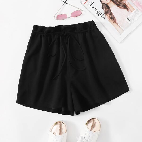 

Self Belted Solid Shorts, Black