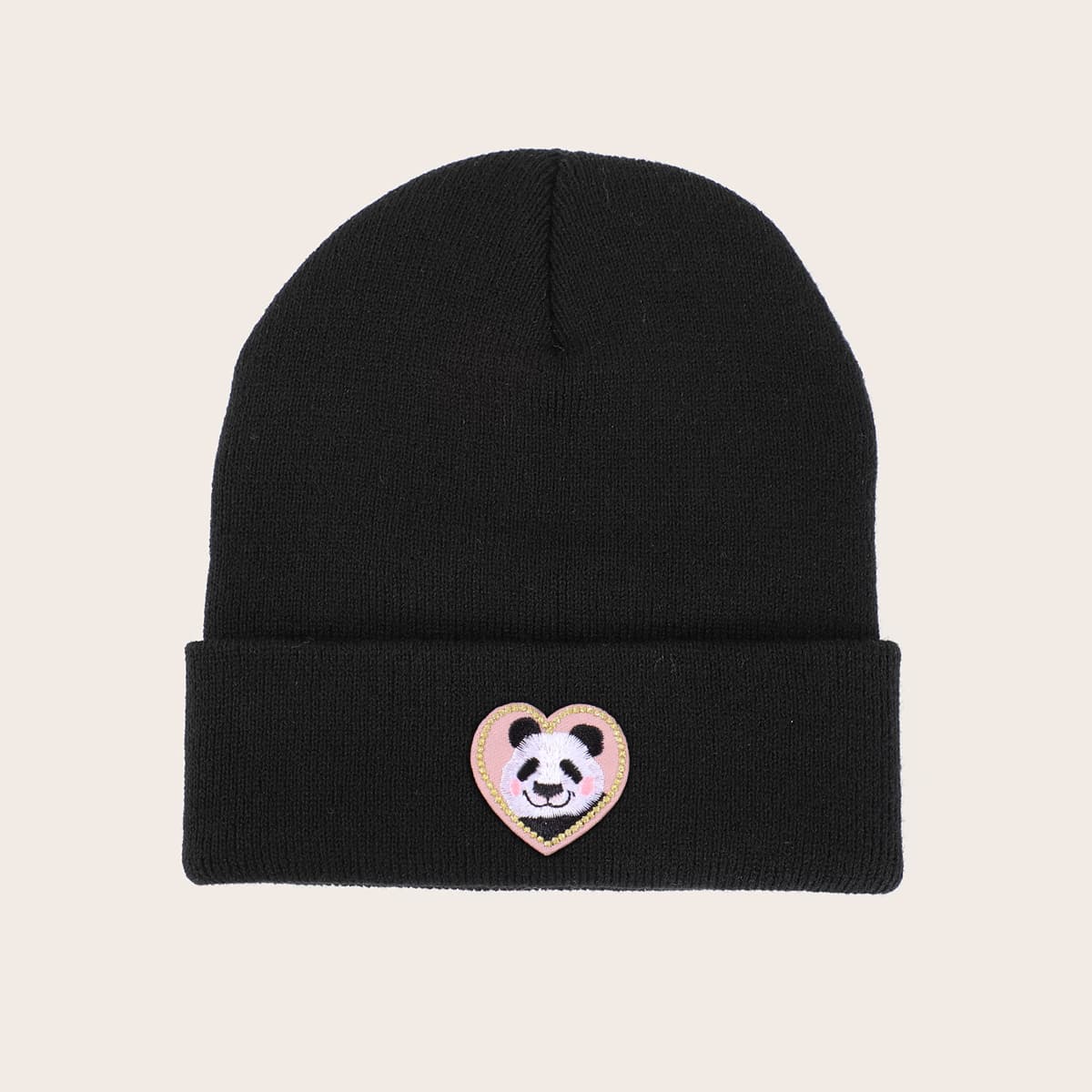 

Cartoon Panda Label Beanie, Black