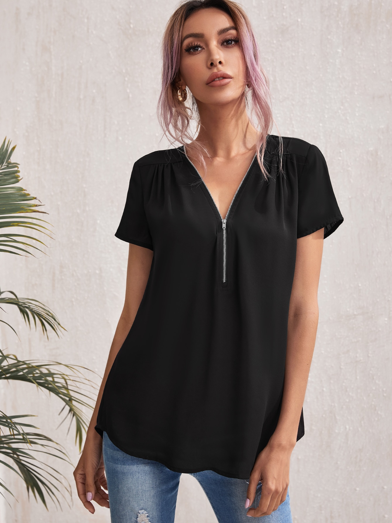 Zip Half Placket Solid Top thumbnail