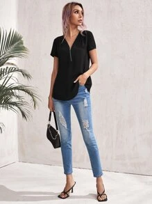 SHEIN LUNE Zip Half Placket Solid Top - Black - View 4