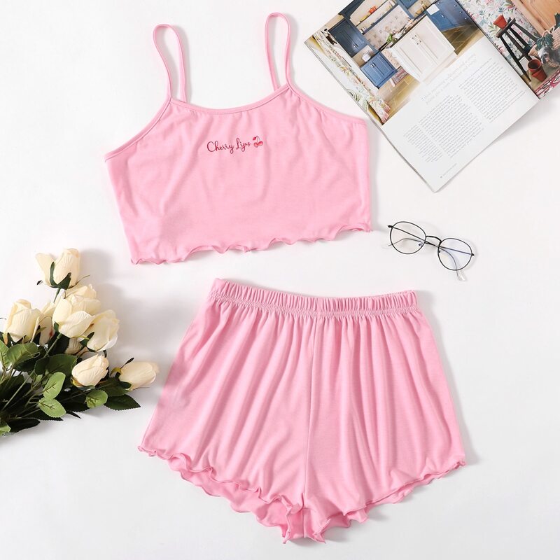 

Letter Print Lettuce Trim PJ Set, Pink