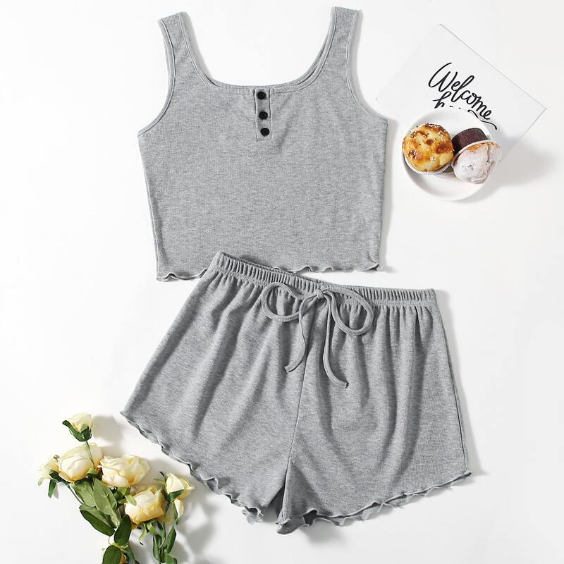 

Button Front Tank Top PJ Set, Grey