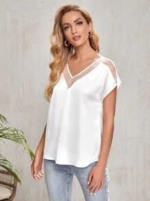 SHEIN Clasi Sheer Mesh Insert Satin Top - White - View 4