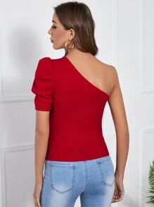 SHEIN Privé One Shoulder Cut-out Puff Sleeve Tee - Burgundy - View 2