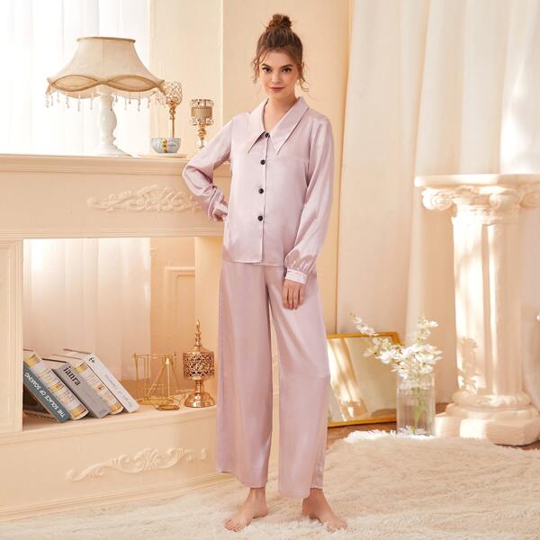 

Button Front Satin PJ Set, Pink pastel