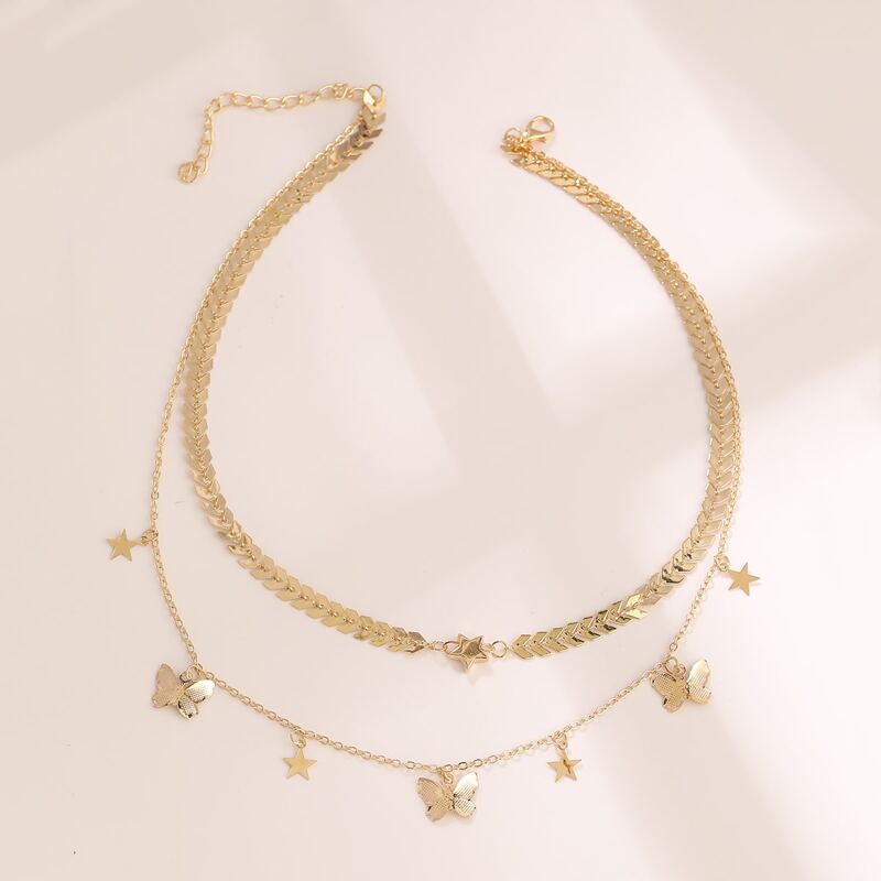 

1pc Butterfly Charm Layered Chain Necklace, Gold