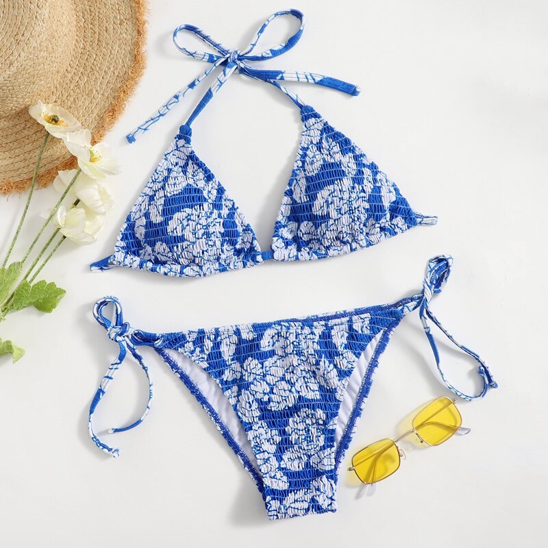 

Flower Shirred Triangle Tie Side Bikini Swimsuit, Blue and white