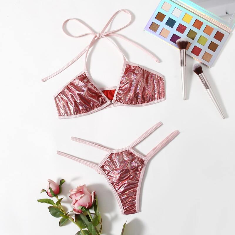 

Glitter Cut-out Thong Lingerie Set, Pink