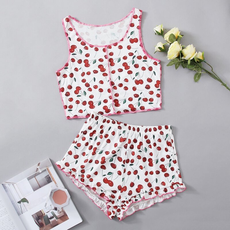 

Cherry Print Frill Trim PJ Set, Multicolor