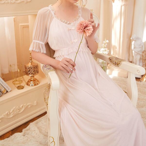 

Mesh Overlay Tie Back Nightdress, Baby pink
