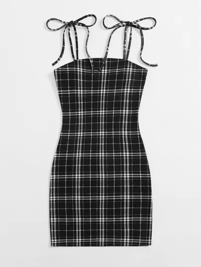 SHEIN EZwear Đầm Thắt nút Sọc ca rô Thanh lịch