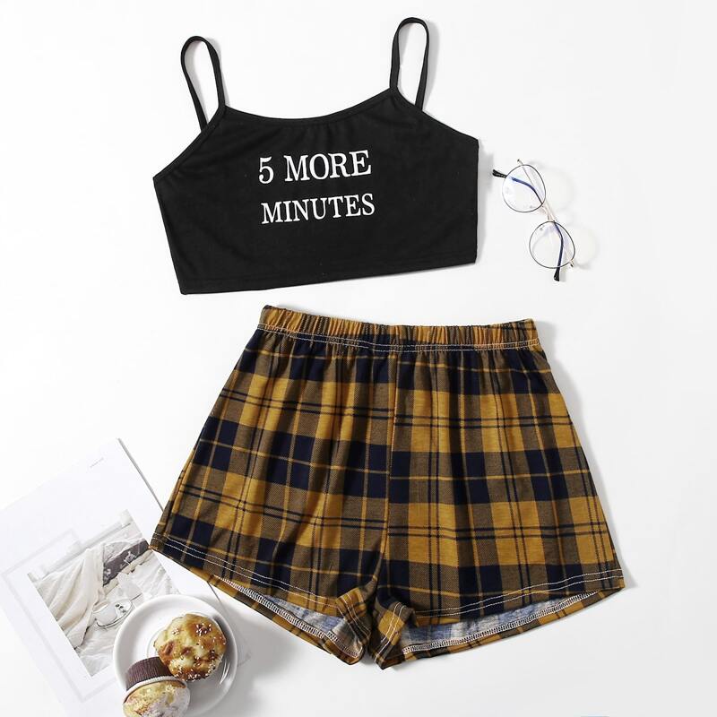 

Letter Crop Cami & Plaid Shorts PJ Set, Multicolor