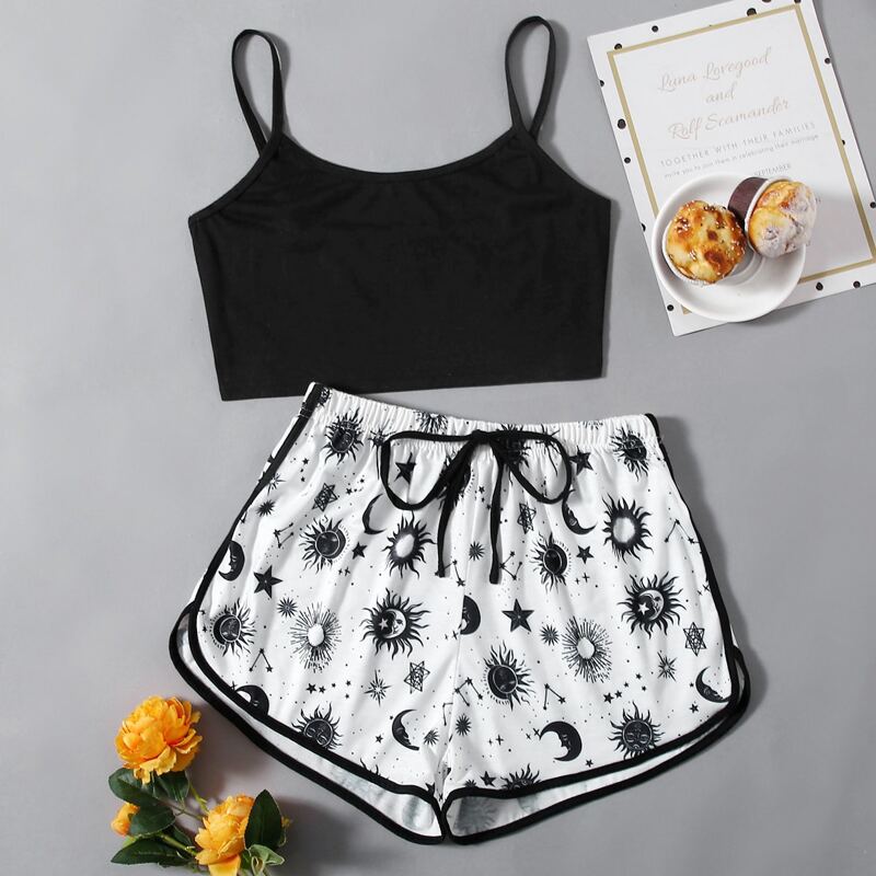 

Sun & Moon Graphic Contrast Binding PJ Set, Black and white