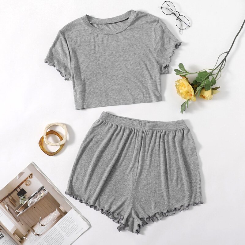 

Lettuce Trim Tee & Shorts Lounge Set, Grey