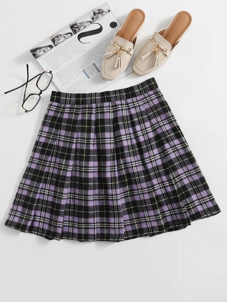 SHEIN تنورة مطوي صوف مقلم وبسستة جانبي