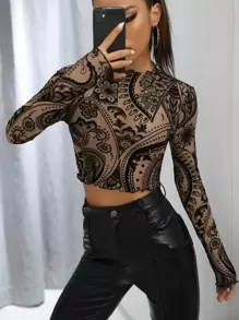 SHEIN ICON Lettuce Trim Flocked Mesh Crop Top - Multicolor - View 1