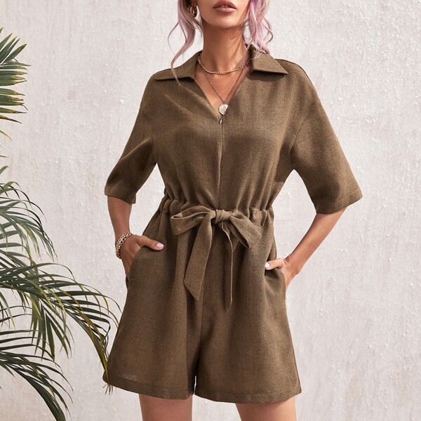 

Drawstring Waist Slant Pocket Romper, Mocha brown