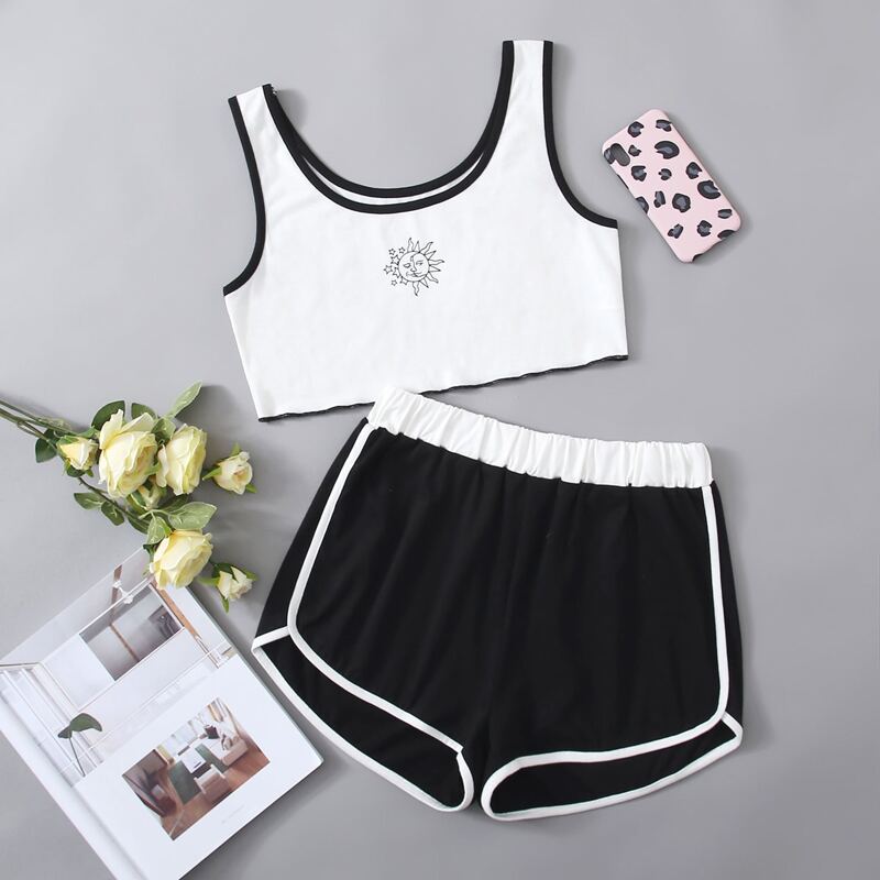 

Sun Print Contrast Binding PJ Set, Black and white