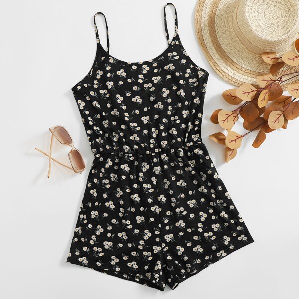 

Ditsy Floral Slip Romper, Black