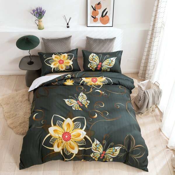 

Flower Print Duvet Cover Set Without Filler, Multicolor