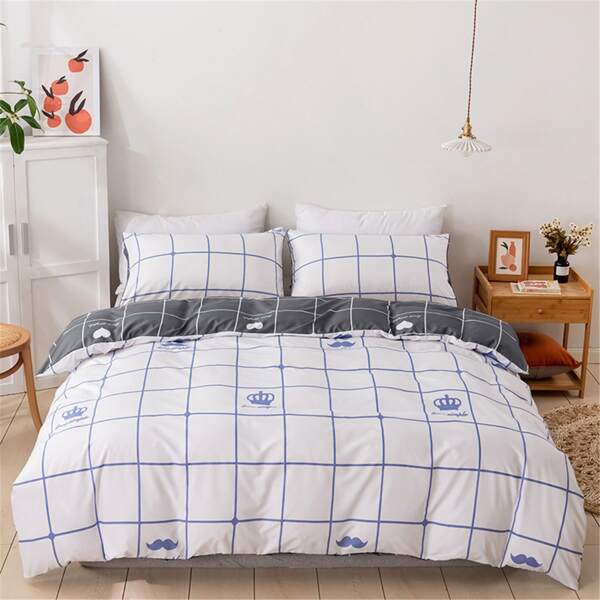 

Plaid Pattern Duvet Cover Set Without Filler, White