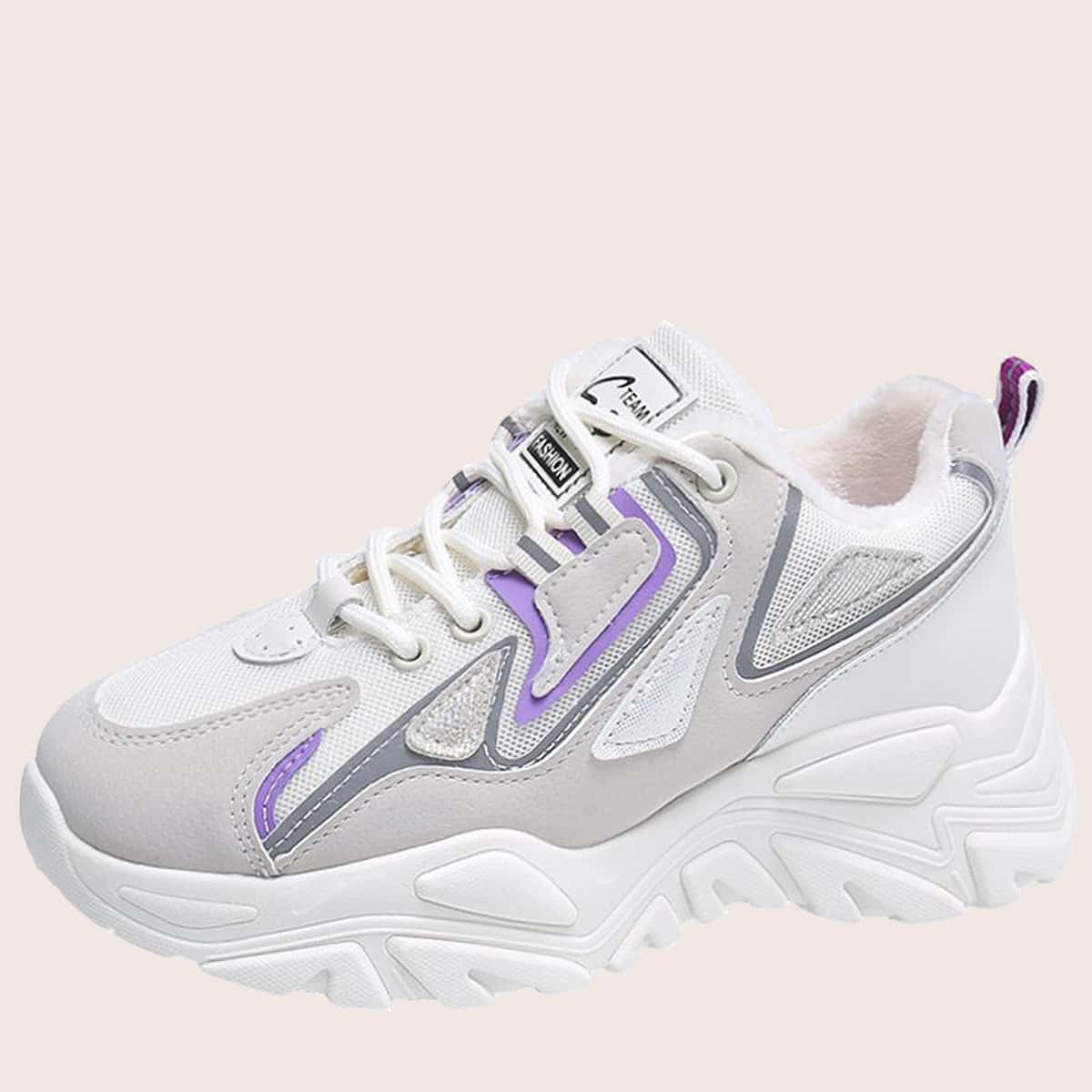 

Lace-up Plush Chunky Sneakers, Beige